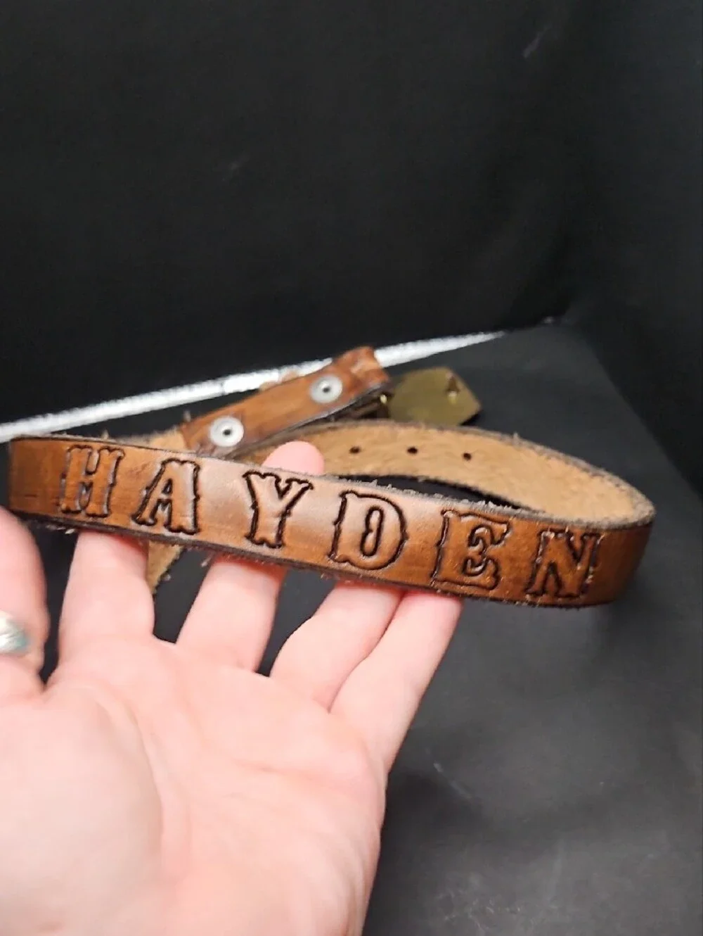 Hand Crafted Brown Leather Kids Belt with Engraved 'HAYDEN' and Scenic Buckle